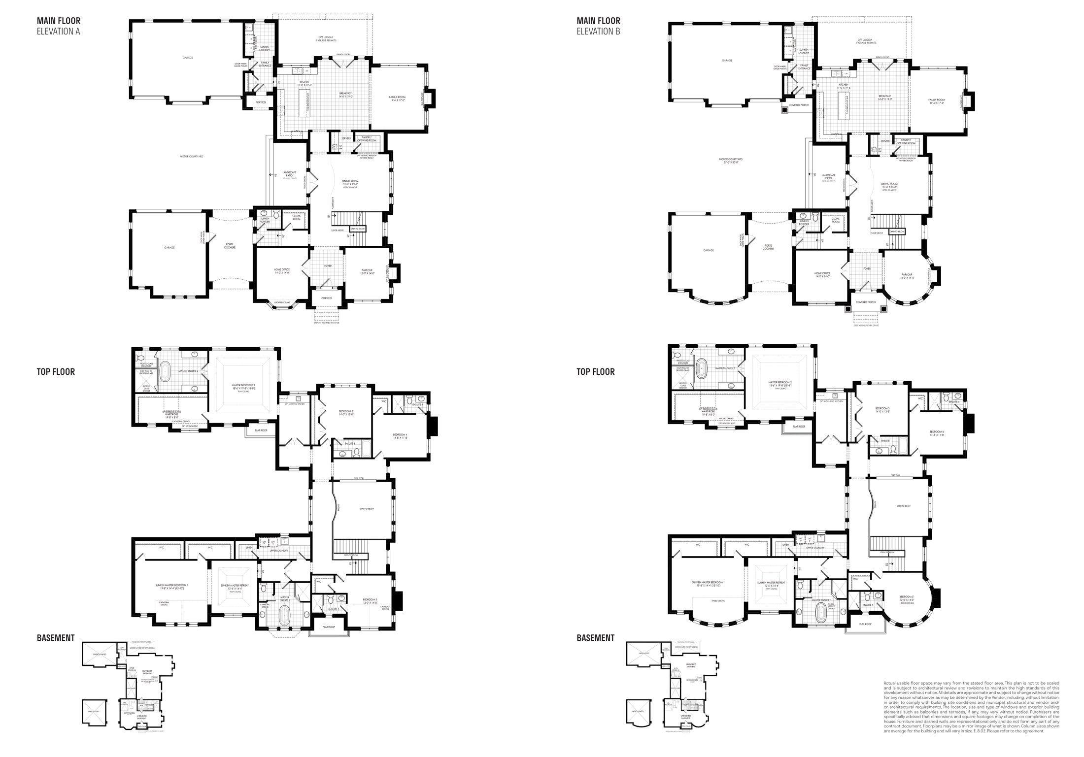 Floor plan — The Grand Haven 2 — main floor, upper floor and basement, elevations A & B