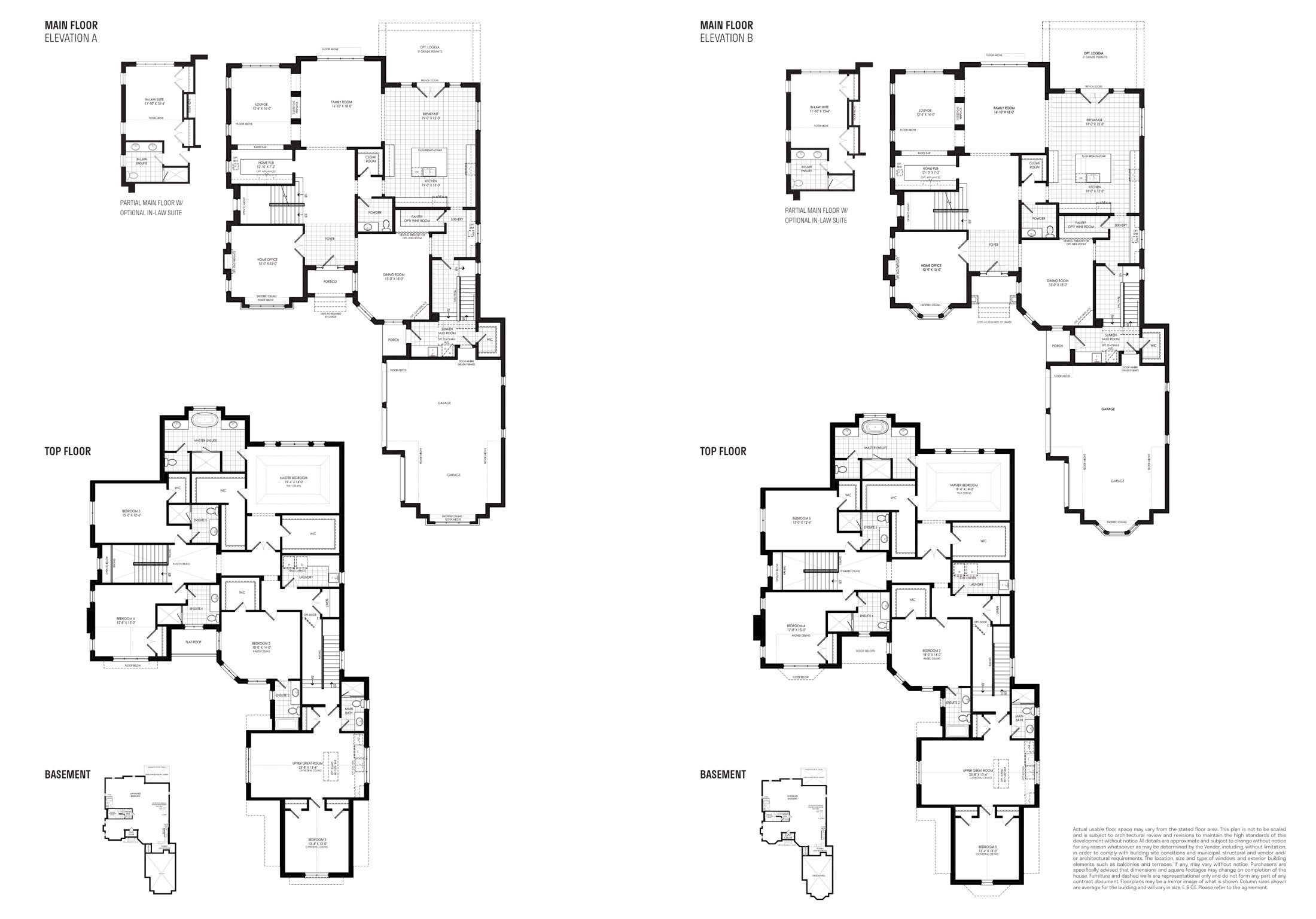 Floor plan — The Sunseeker 2 — main floor, upper floor and basement, elevations A & B